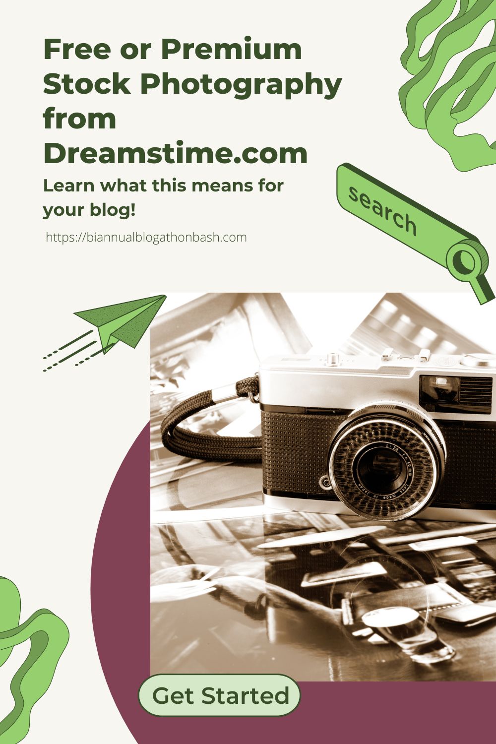 Vintage camera with green design elements and paper airplane illustration promoting free and premium stock photography.