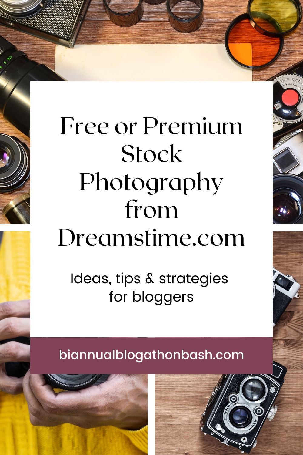 Flat lay collage of vintage and modern cameras and photo gear with blog photography tips text overlay.