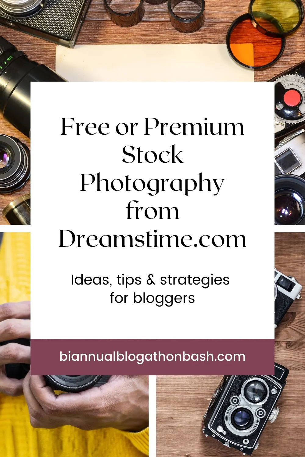 Flat lay collage of vintage and modern cameras and photo gear with blog photography tips text overlay.
