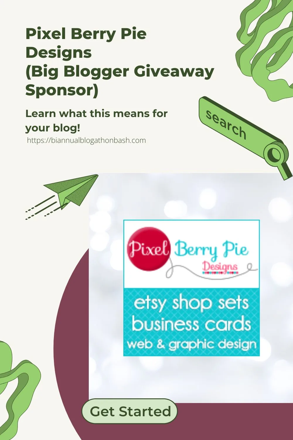 Pixel Berry Pie Designs Big Blogger Giveaway Sponsor graphic with paper airplane illustration, Pixel Berry Pie Designs logo, and text promoting Etsy shop sets, business cards, and web/graphic design services.
