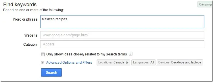 An image of a search in the Google keyword tool