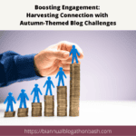 Blue human figures standing on stacked coins representing blog engagement growth.