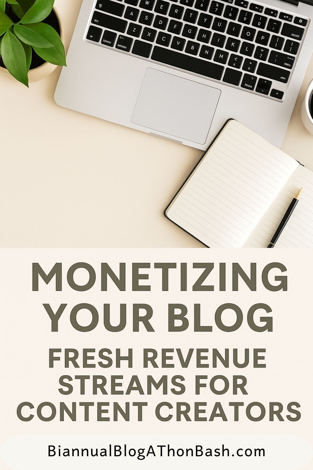 Laptop and notebook with houseplants on desk, text overlay: Garden blogging monetization strategies.