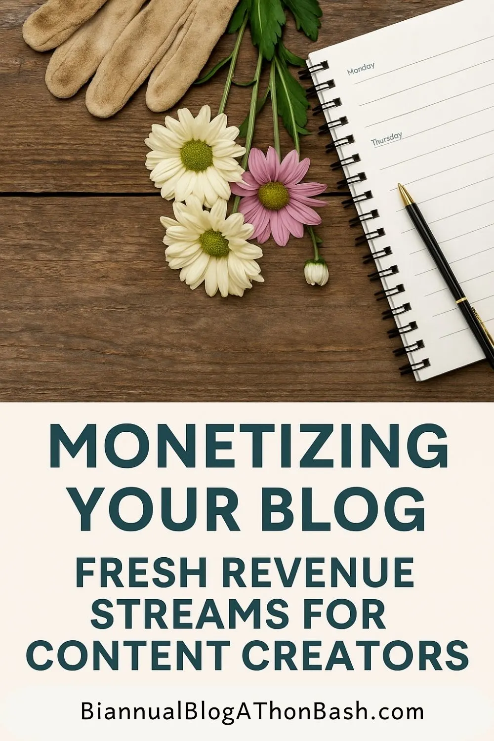 Flat lay with garden gloves, flowers, and notebook planner, text overlay: Build income with your garden content – Virtual Conference 2025.