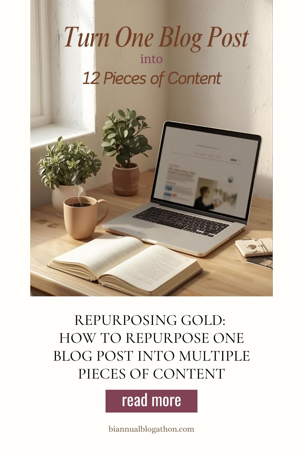 A cozy workspace with a laptop open to a blog post, a cup of coffee, notebook, and potted plants by a sunny window, with text overlay reading “Turn One Blog Post into 12 Pieces of Content.” 