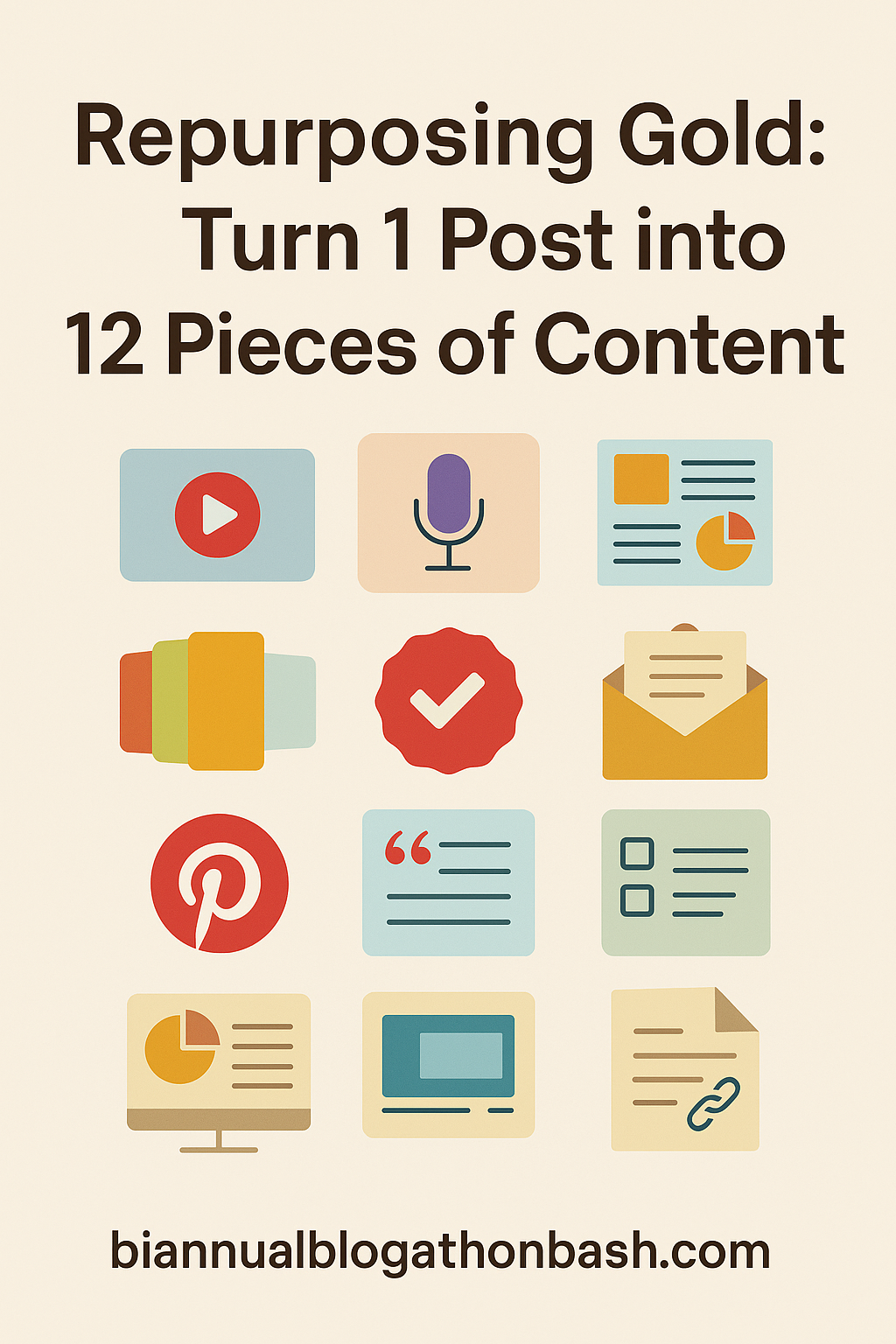 Flat-design Pinterest graphic showing icons for different content types such as video, podcast, email, and blog, with the title ‘Repurposing Gold: Turn 1 Post into 12 Pieces of Content’ and the website biannualblogathonbash.com.