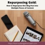 A flat lay image of a microphone, smartphone, notebook, pencil, and tablet displaying blog content, with the text “Repurposing Gold: How to Repurpose One Blog Post into Multiple Pieces of Content.”