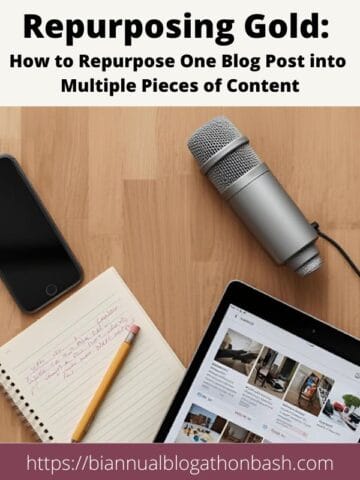 A flat lay image of a microphone, smartphone, notebook, pencil, and tablet displaying blog content, with the text “Repurposing Gold: How to Repurpose One Blog Post into Multiple Pieces of Content.”