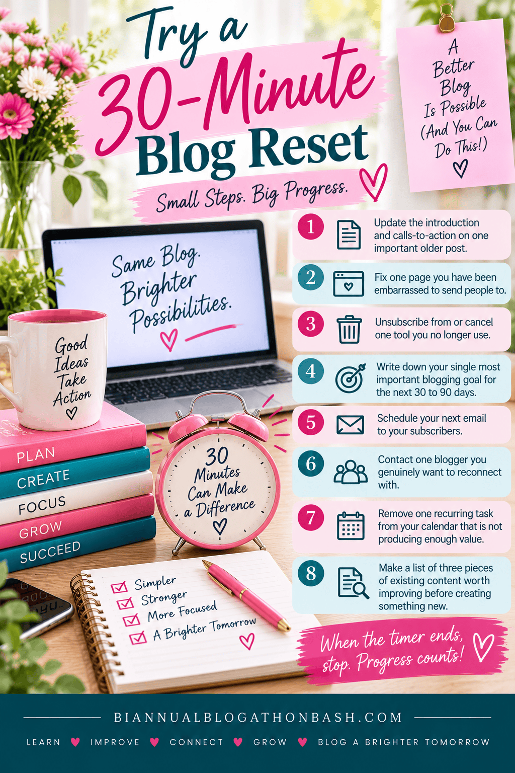 30-Minute Blog Reset checklist with eight quick actions for improving an existing blog and getting focused again.