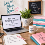 Cozy blogging workspace illustrating free blogging lessons for learning, planning and growing a better blog.