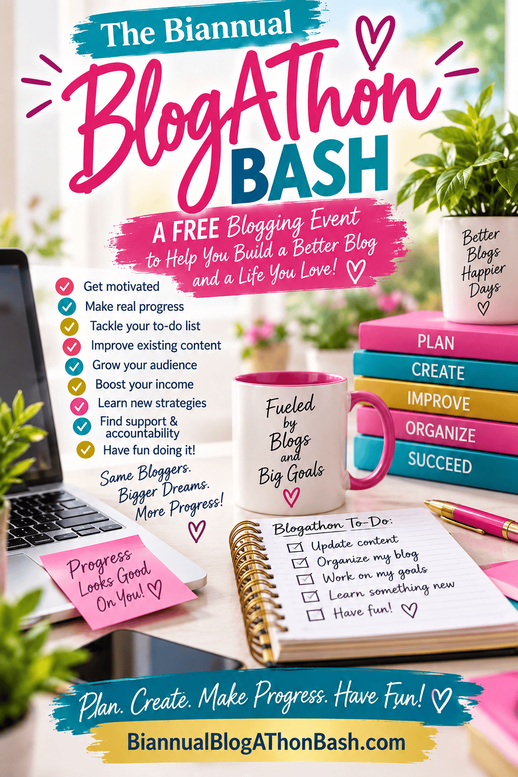Pinterest graphic for the Biannual Blogathon Bash with a colorful blogging workspace and checklist of reasons to join the free blogging event.