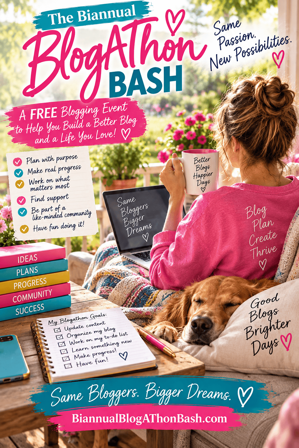 Pinterest graphic showing a blogger relaxing with a laptop, coffee and a sleeping dog while planning goals for the Biannual Blogathon Bash.