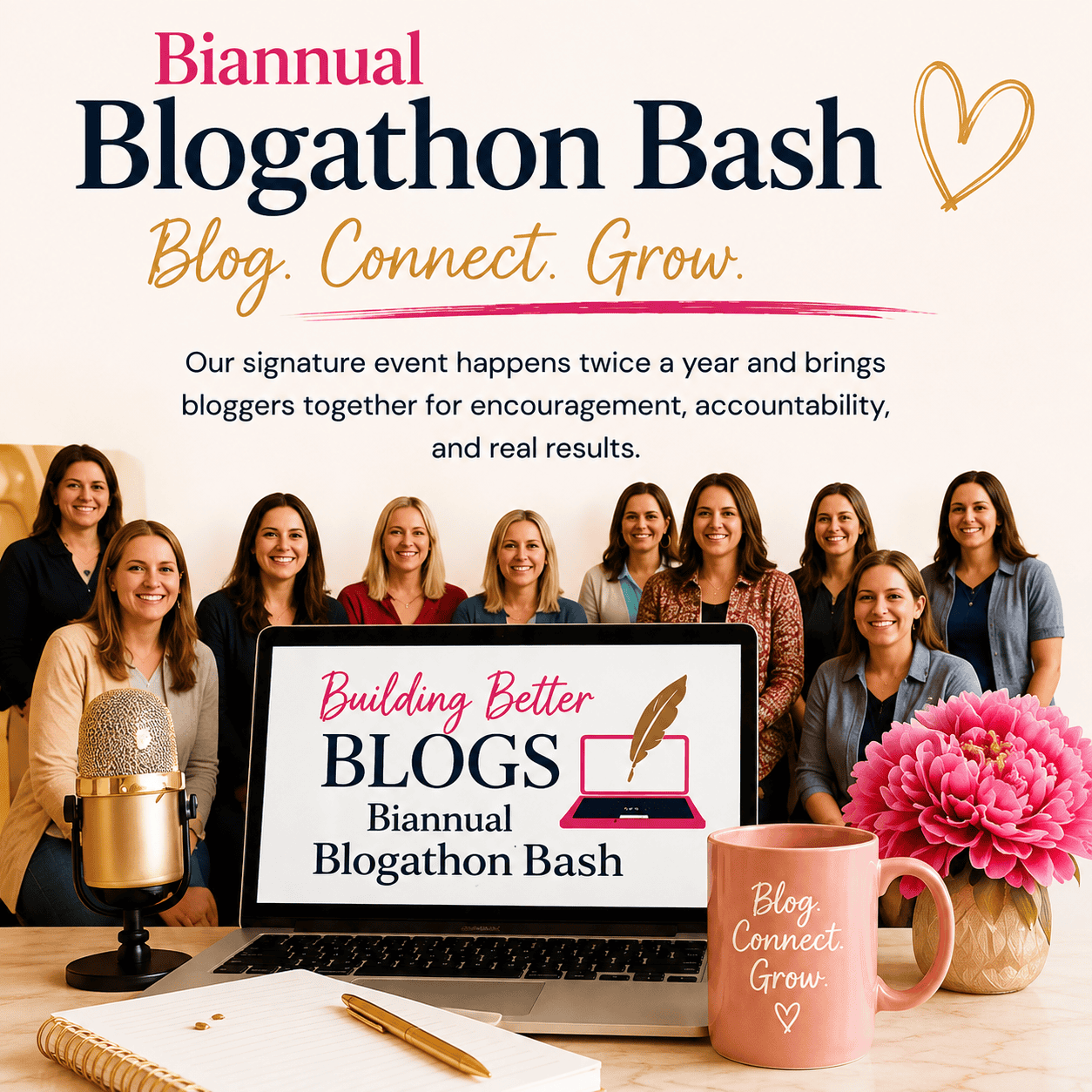 Biannual Blogathon Bash graphic with a group of bloggers, laptop, microphone, pink mug and flowers.
