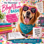 Colorful Biannual Blogathon Bash graphic featuring a cheerful golden retriever in pink sunglasses, blogging goals, confetti and a Winner Winner Winner mug.