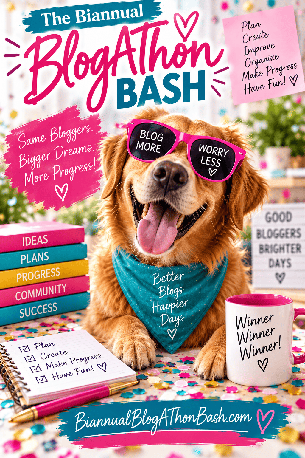 Playful Pinterest graphic featuring a smiling golden retriever in pink Blog More Worry Less sunglasses surrounded by Blogathon goals, confetti and a Winner Winner Winner mug.