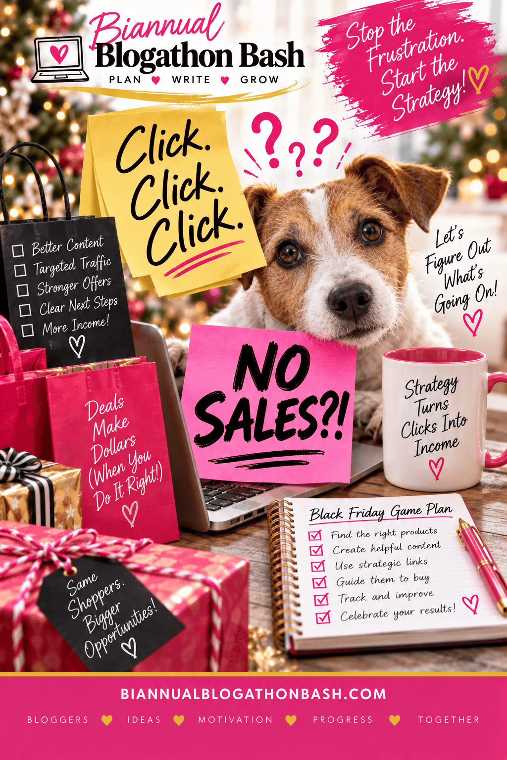 Pinterest graphic with a curious dog, laptop and Black Friday planning notes asking why affiliate clicks are not turning into sales.