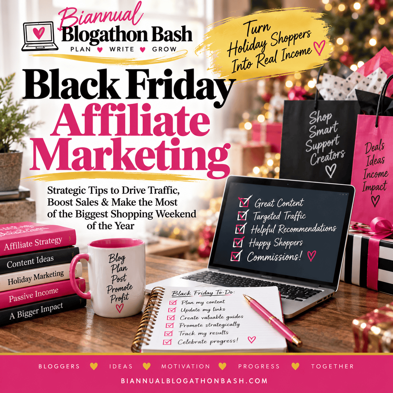 Black Friday affiliate marketing graphic with a festive blogging workspace, laptop, planning checklist, gifts and Biannual Blogathon Bash branding.