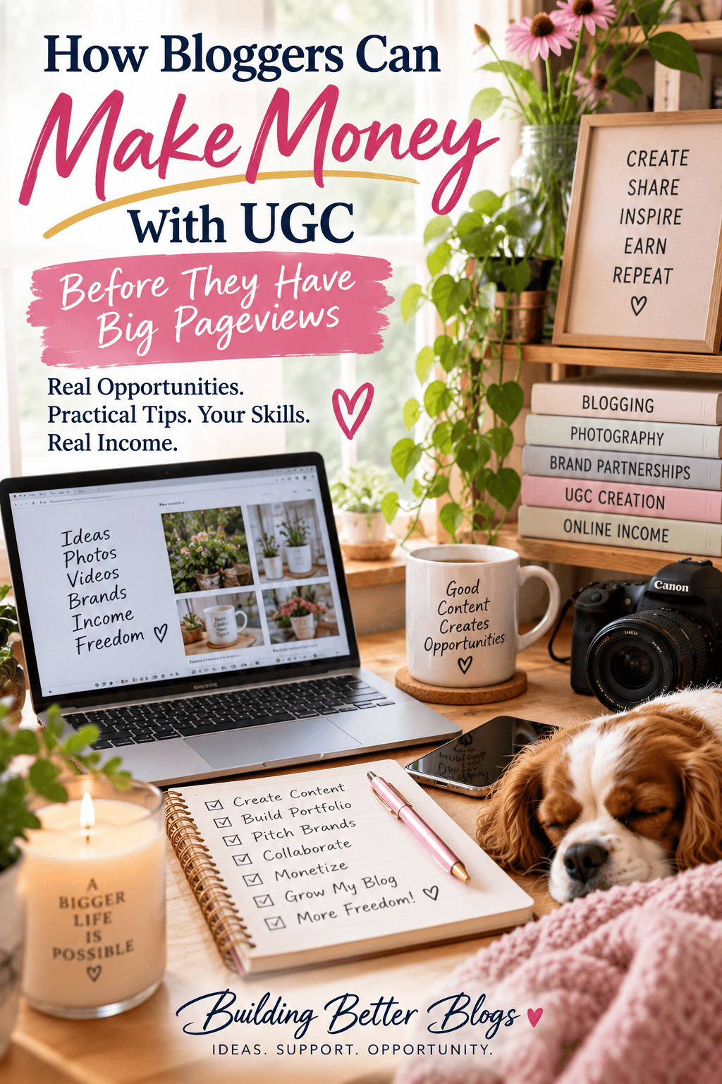 Cozy home blogging workspace with laptop and camera promoting UGC income for bloggers with smaller audiences.