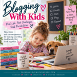 Child drawing beside a laptop in a family workspace illustrating the realities of blogging with kids.
