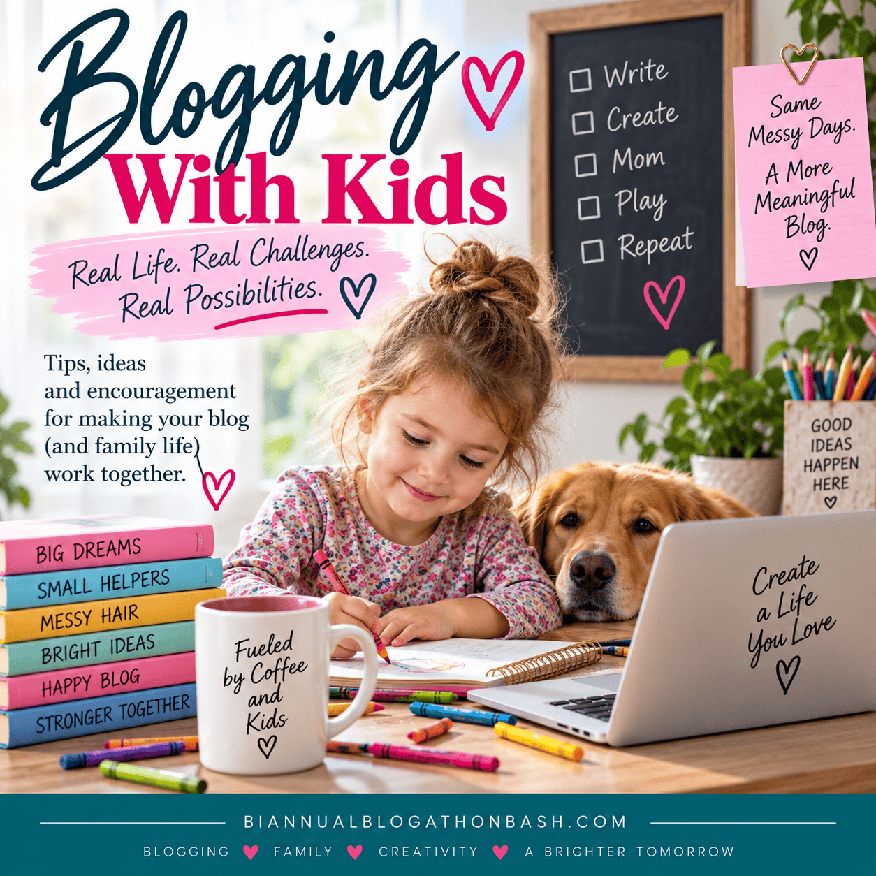 Child drawing beside a laptop in a family workspace illustrating the realities of blogging with kids.