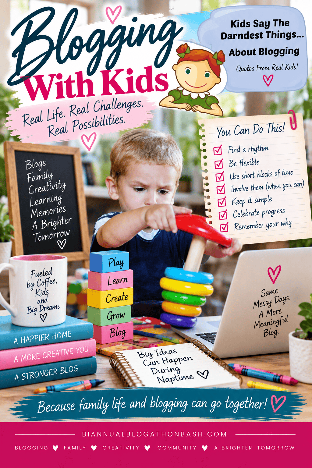 Blogging With Kids graphic with a child playing and tips to find a flexible, realistic blogging rhythm around family life.