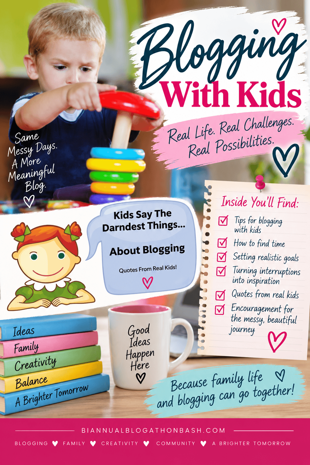 Blogging With Kids Pinterest graphic using historical blog imagery with tips for balancing blogging and family life.