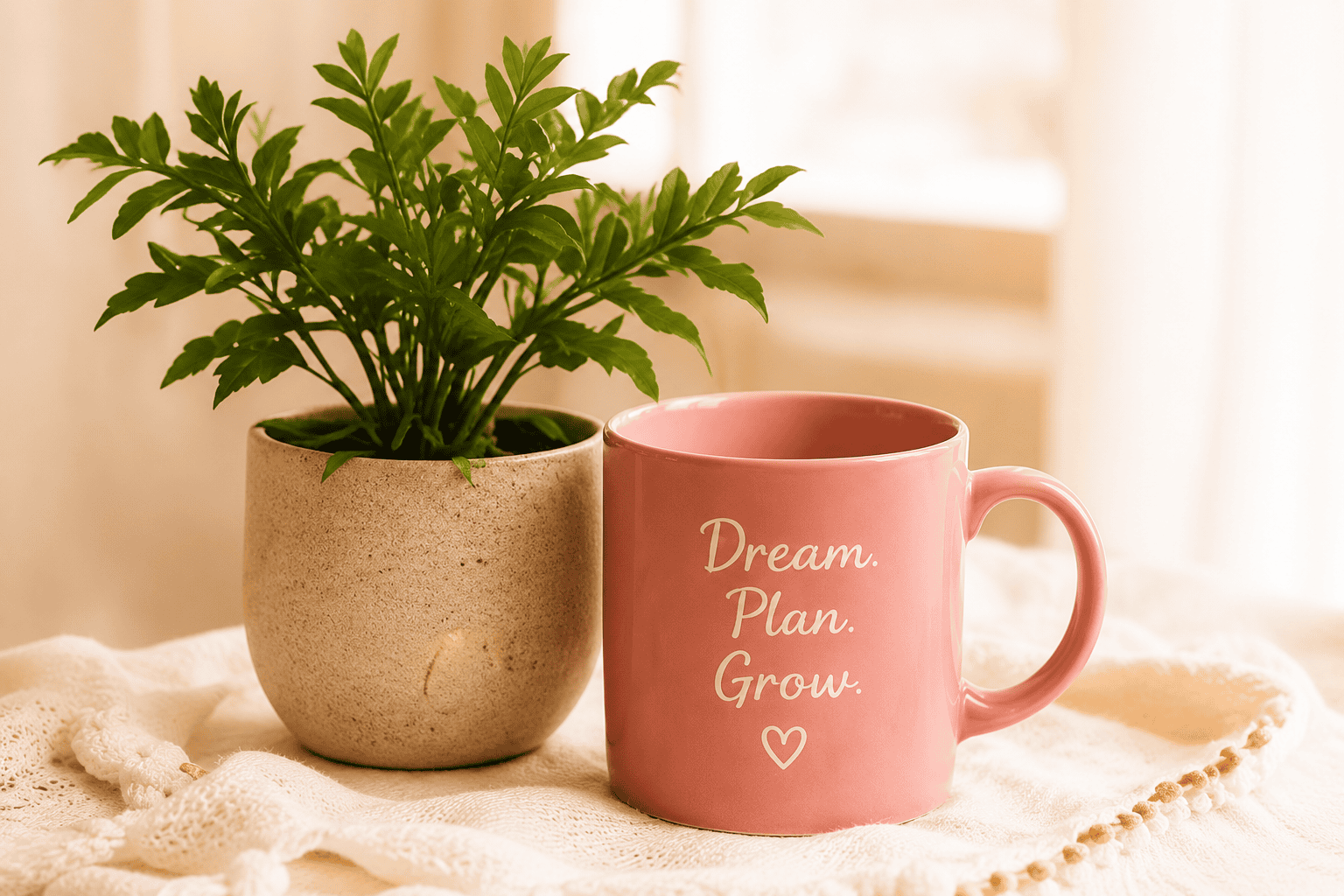 Green houseplant beside a pink mug reading Dream. Plan. Grow. on a soft cream textile.