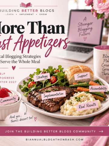 Building Better Blogs graphic using a full meal to represent strategy, support, implementation, accountability, community and real results.