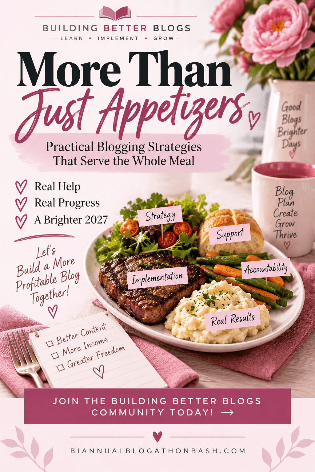 Building Better Blogs Pinterest graphic illustrating practical blogging strategies, support, implementation and real progress with a full-meal metaphor.