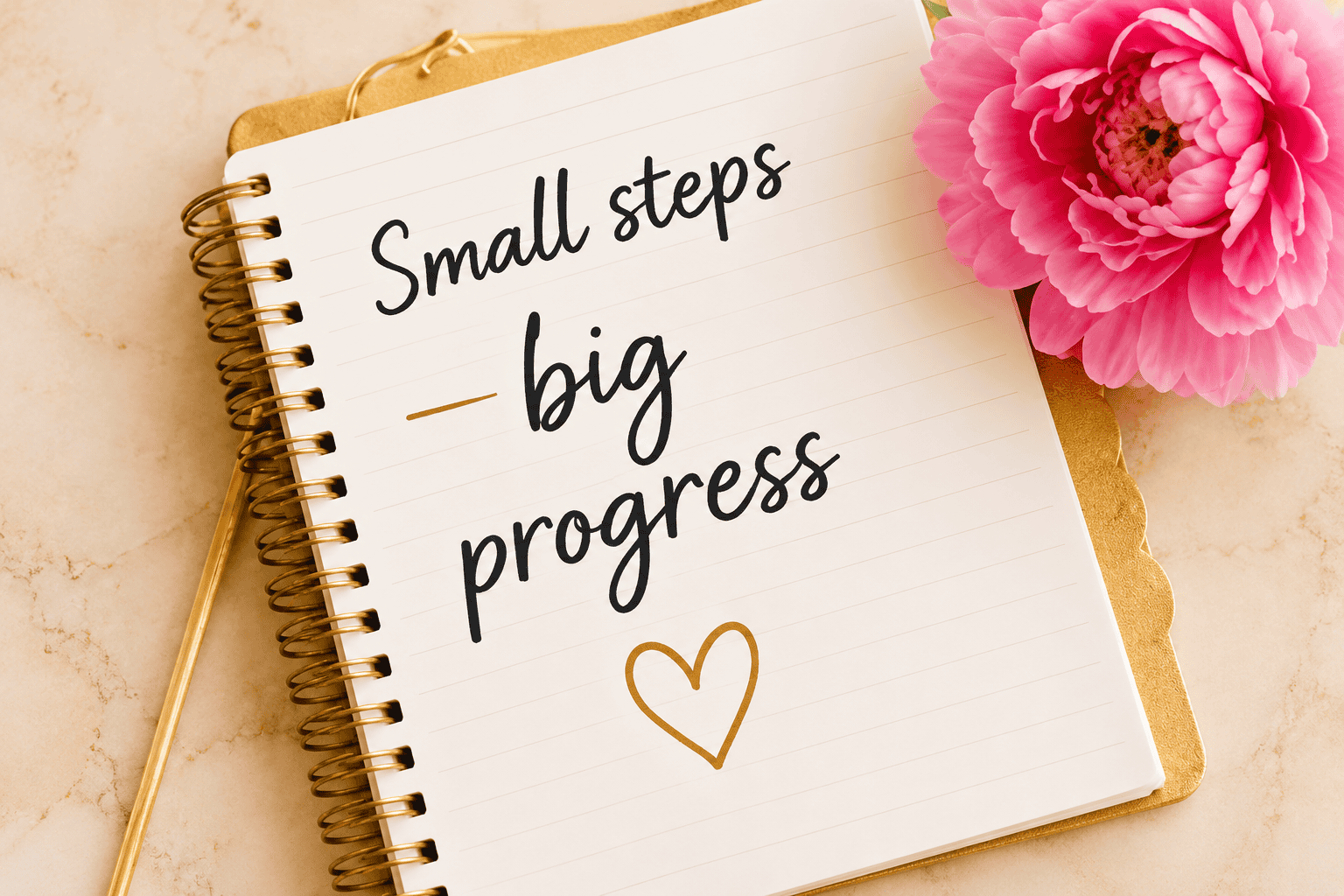 Spiral notebook reading Small steps big progress beside a pink peony on a warm cream and gold desktop.