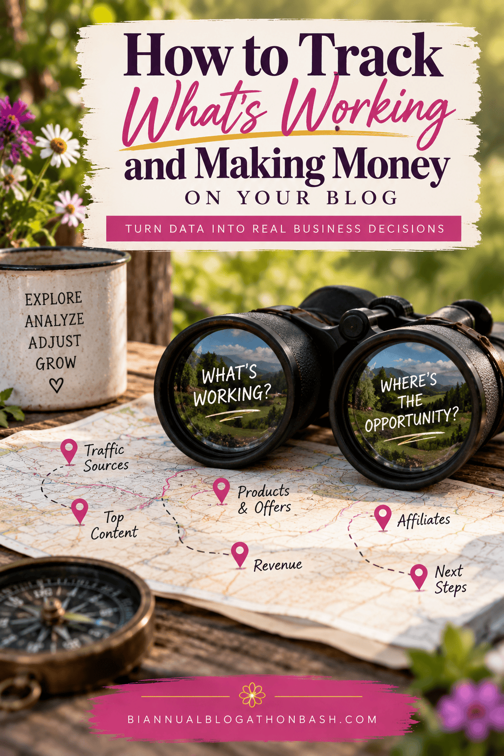 Map and binoculars illustrate finding which blog traffic sources, content, products, affiliates and revenue streams are working.