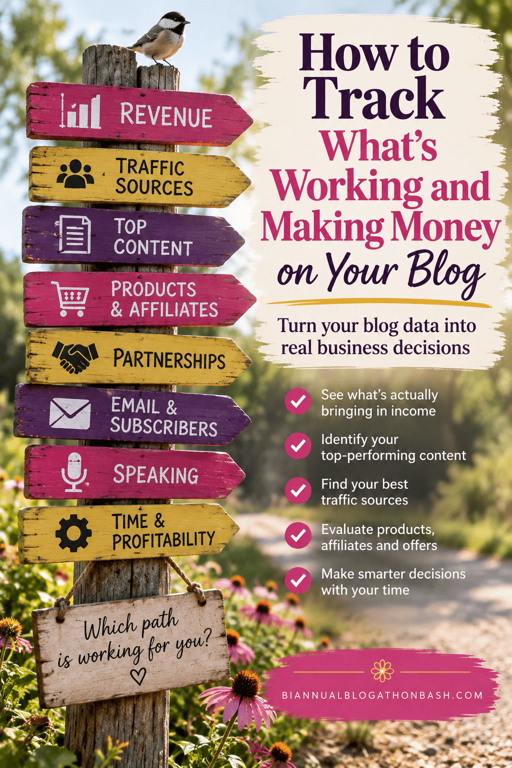 Colorful signposts for revenue, traffic sources, top content, products, affiliates, partnerships, email and profitability illustrate tracking what makes money on a blog.