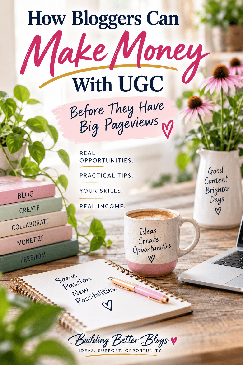 Bright minimalist blogging workspace promoting UGC income opportunities for bloggers before they have large pageviews.