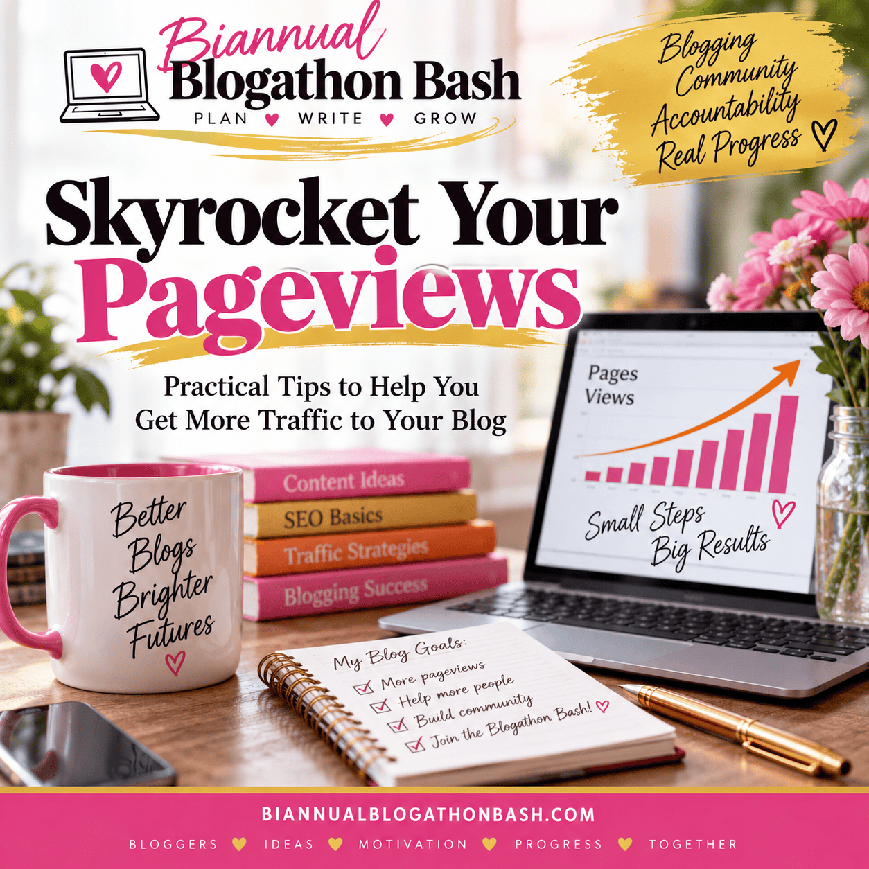 Blogging workspace graphic for Skyrocket Your Pageviews with an analytics chart, blog goals, books and Biannual Blogathon Bash branding.
