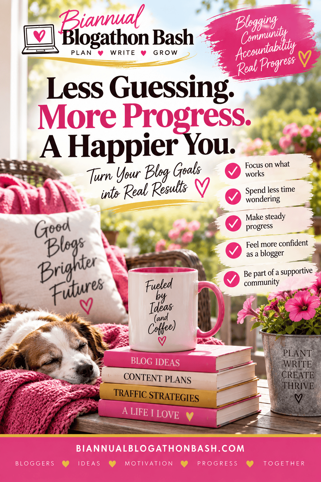 Pinterest graphic with a peaceful patio, sleeping dog, books and coffee illustrating less guessing, more blogging progress and greater confidence.