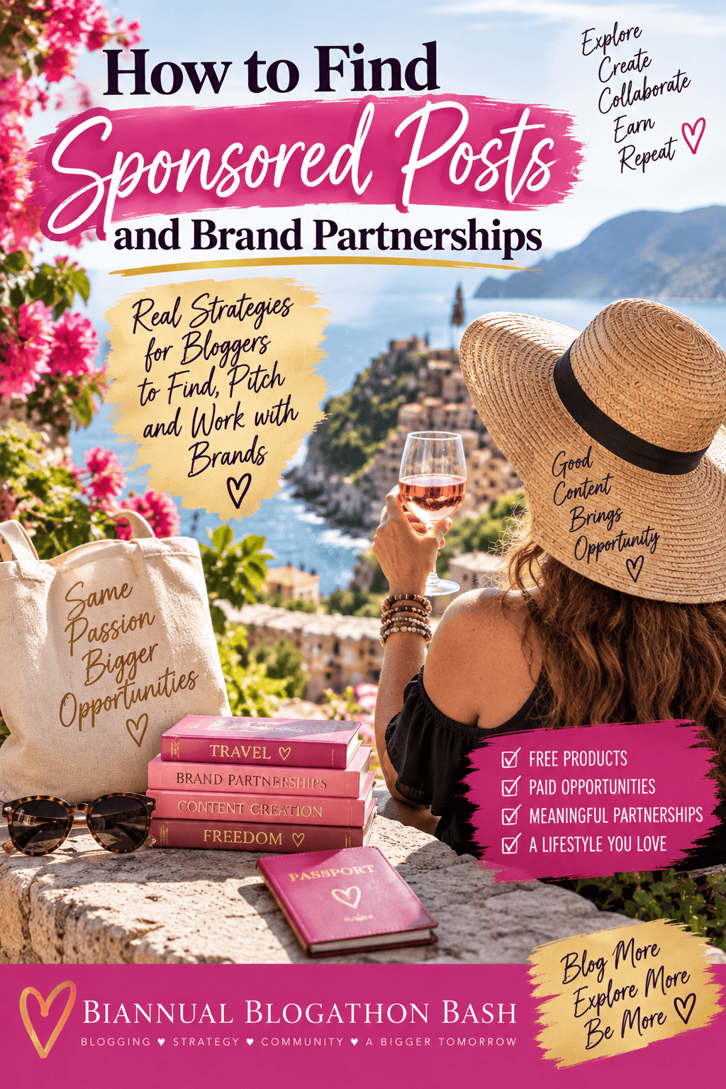 Travel creator lifestyle representing sponsored posts, paid brand partnerships, free products, adventure and flexible blogging income.