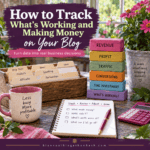 Blog profitability tracking scene highlighting revenue, profit, traffic, conversions and time investment.