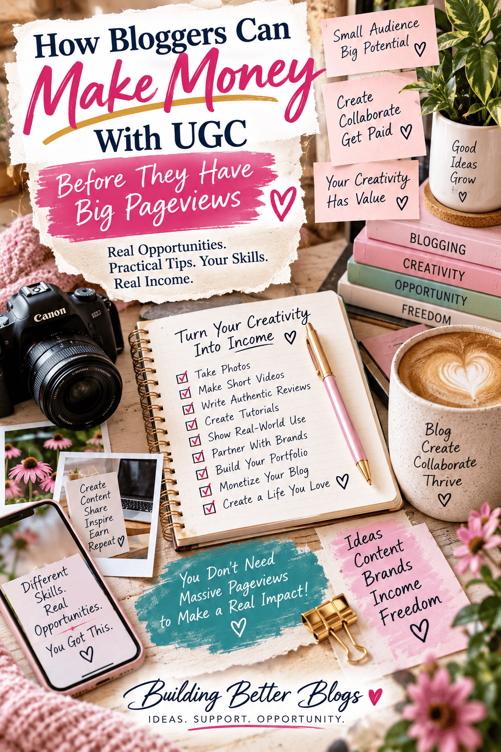Creative blogging flat lay with camera, notebook and content ideas showing ways bloggers can earn money with UGC.