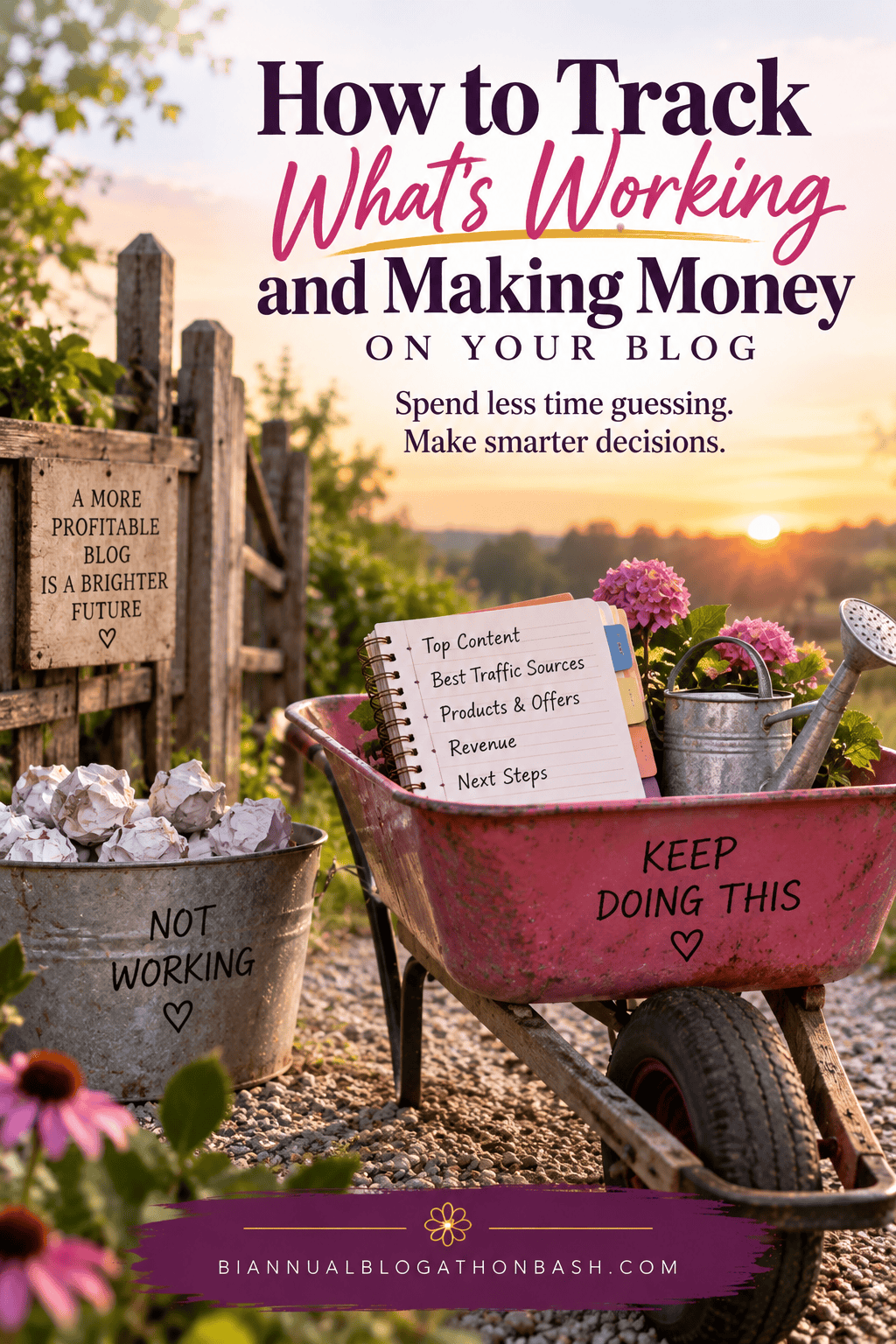 Wheelbarrow marked keep doing this beside a bucket marked not working illustrates using blog data to make profitable decisions.