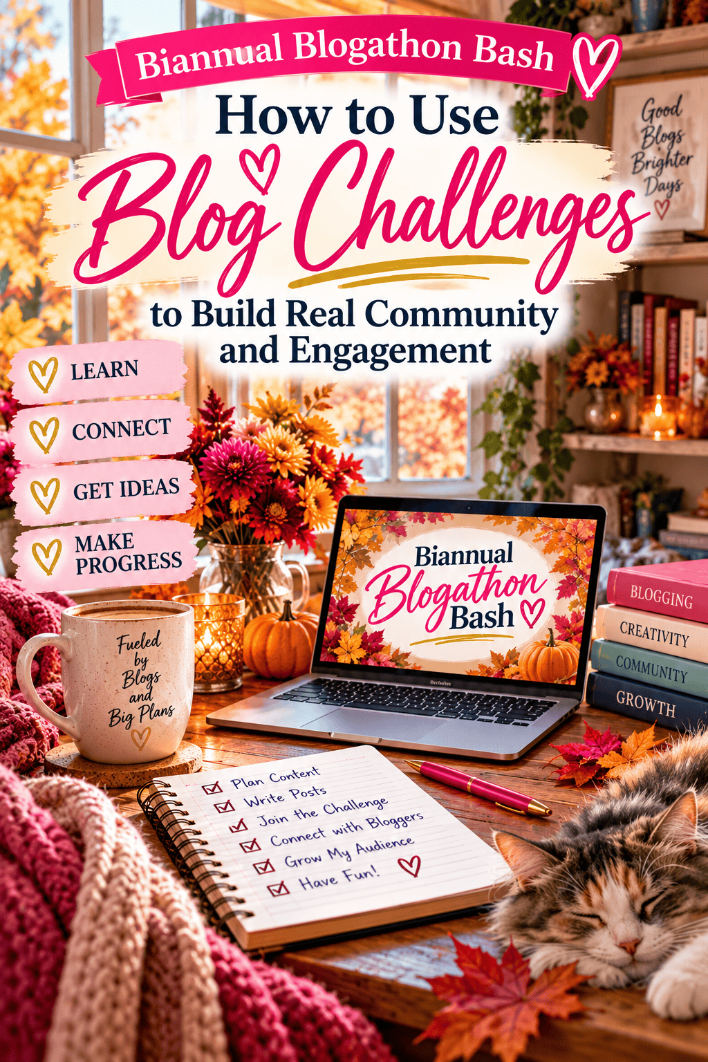 Cozy fall blogging workspace for building community with blog challenges