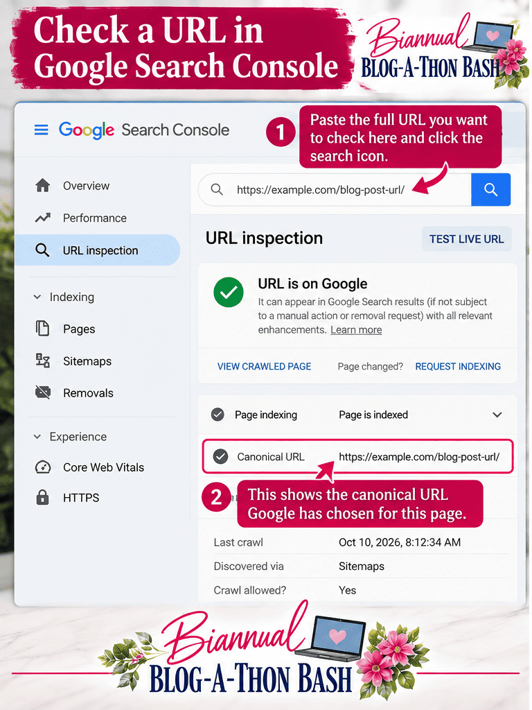 Illustrated Google Search Console URL Inspection interface showing canonical URL information.