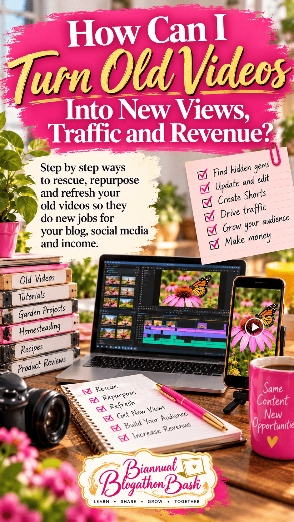 Pinterest answer pin explaining how bloggers can repurpose old videos by finding useful footage, updating it, creating Shorts and using the refreshed content to drive traffic and revenue.