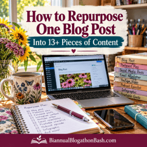 Featured graphic for How to Repurpose One Blog Post Into 13+ Pieces of Content, with a laptop, blogging planner, flowers and coffee.
