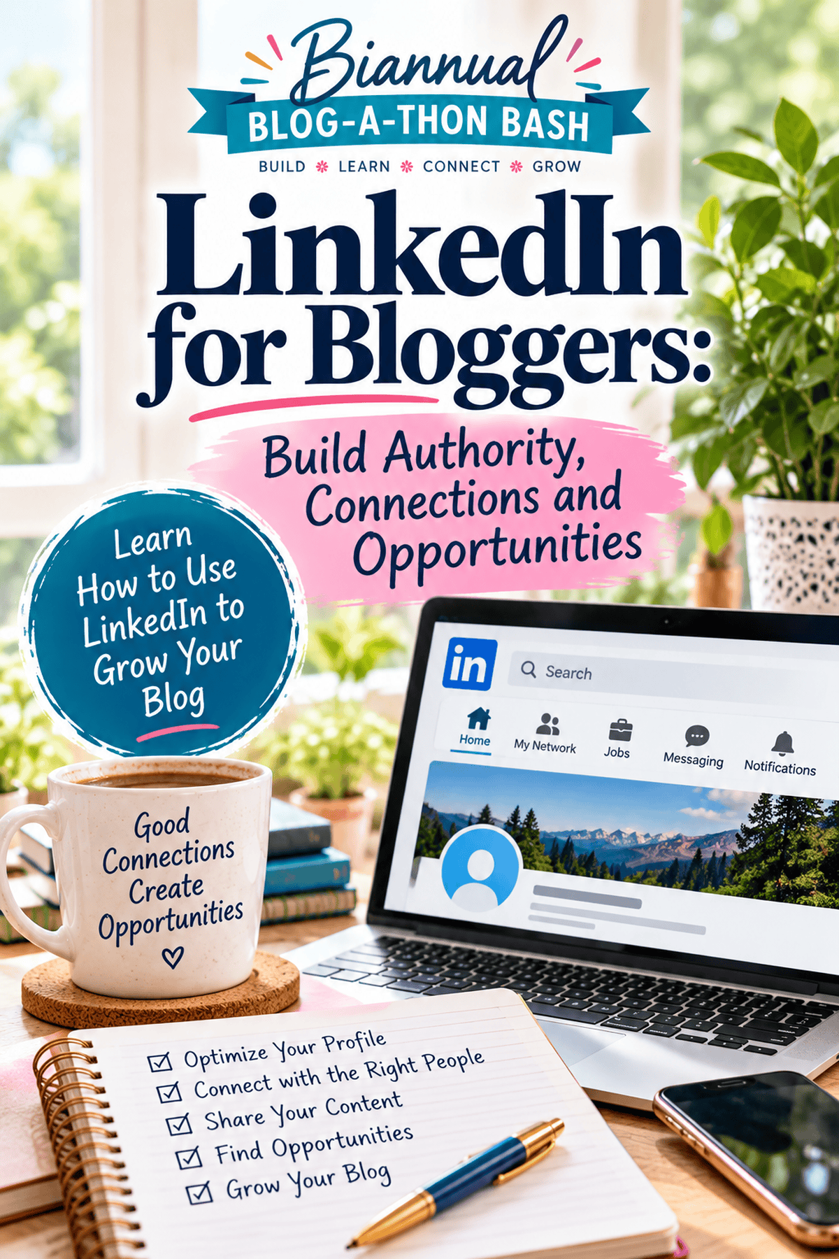 Answer Pinterest pin showing LinkedIn profile tips, networking, content sharing and professional opportunities for bloggers.