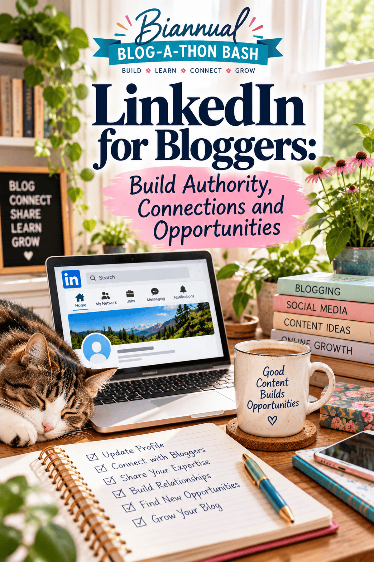 Lifestyle Pinterest pin with a cozy blogging workspace, laptop, notebook, coffee and cat illustrating LinkedIn networking for bloggers.