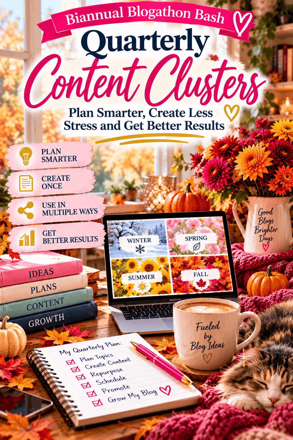 Cozy fall blogging workspace for quarterly content cluster planning