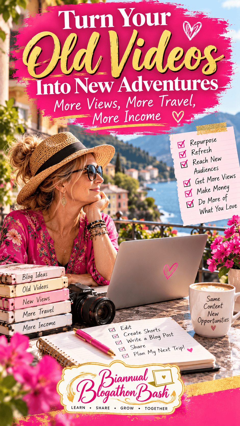 Lifestyle Pinterest pin showing a travel blogger working from a scenic cafe with a laptop and camera while repurposing old videos for new views, travel opportunities and income.