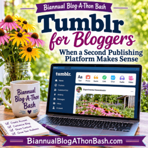 Tumblr for Bloggers featured graphic showing a laptop with a Tumblr dashboard and the Biannual Blog-A-Thon Bash article title.