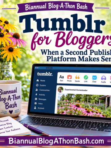 Tumblr for Bloggers featured graphic showing a laptop with a Tumblr dashboard and the Biannual Blog-A-Thon Bash article title.