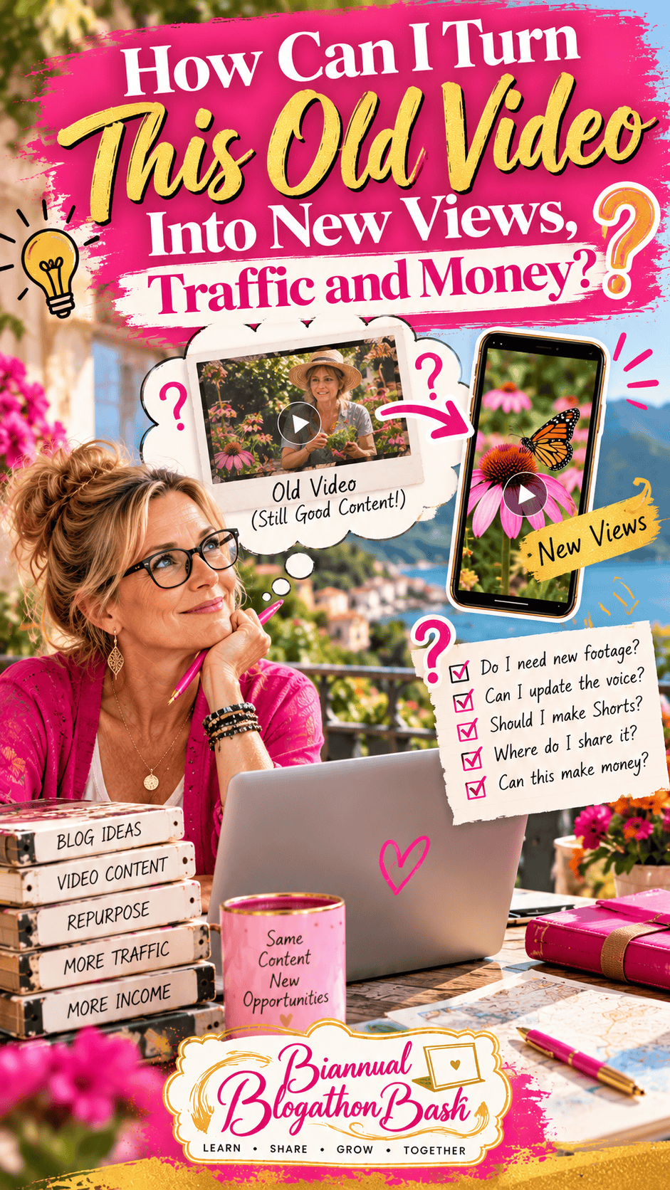 Curiosity Pinterest pin showing a blogger wondering how to transform an old gardening video into a refreshed vertical video that can attract new views, traffic and income.